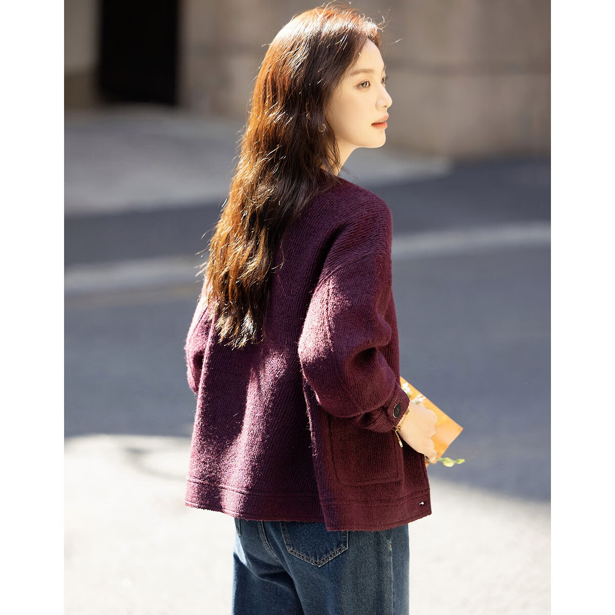 Demana [Texture Code] Winter Warm Wool Blend Crew Neck Boxy Large Pocket Thick Loose Women's Coat