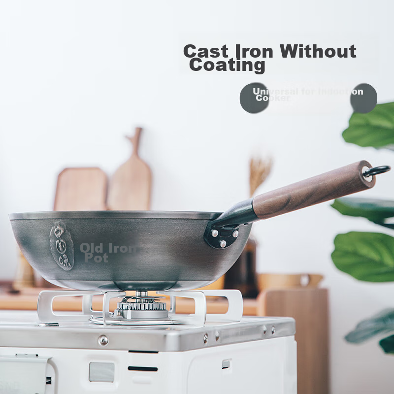 Dianjiang Cast Iron Wok, 30cm Thick, Plain Bottom, No Coating, Traditional Style, for Home Cooking
