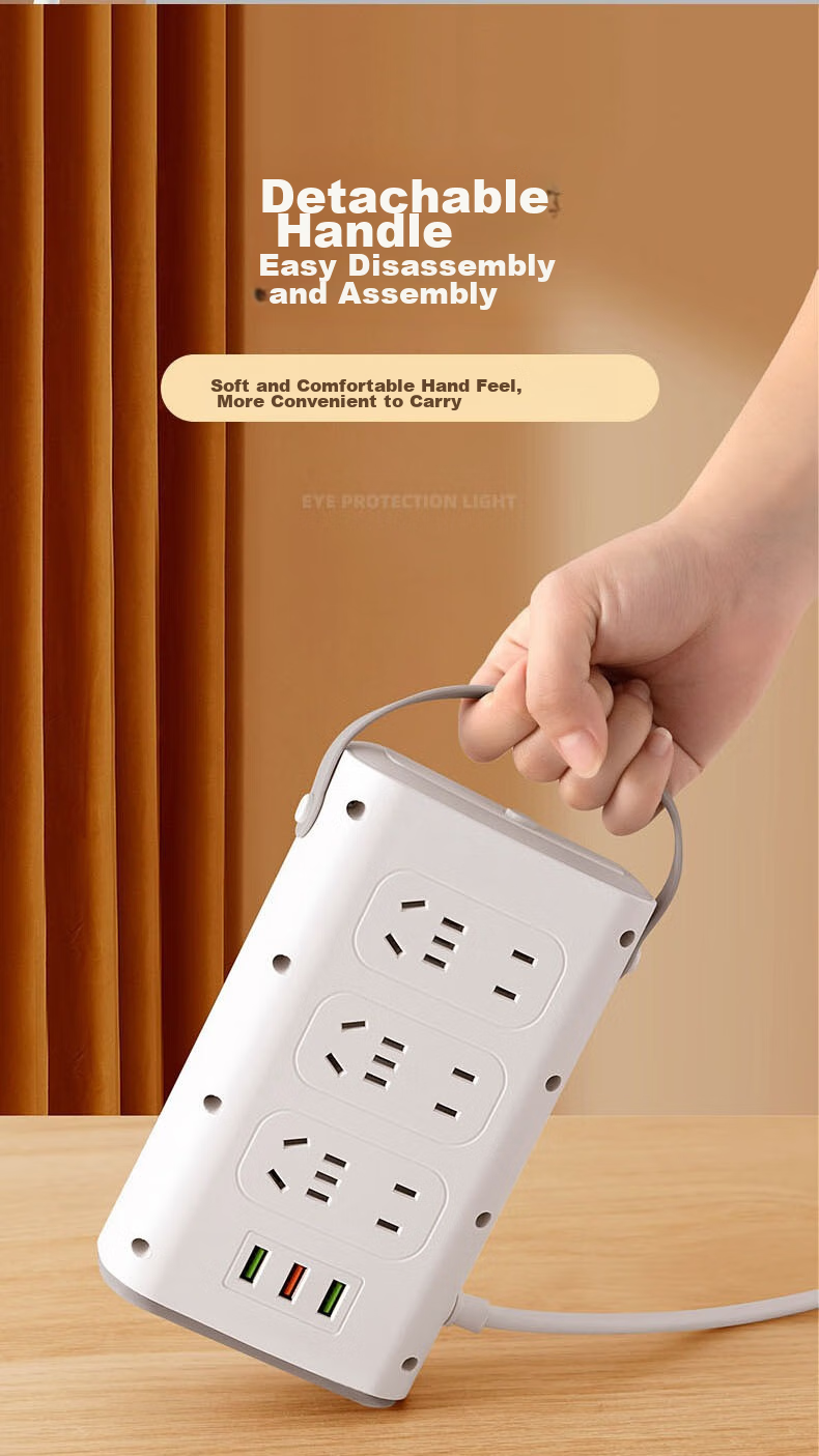 Aleleke Portable Standing Three-Tier Power Strip, 12 Outlets with Master Switch, 3 USB Ports for Charging, Night Light with Three Color Temperatures, Overload Protection, Extension Cord, 1.6m to 2m 15