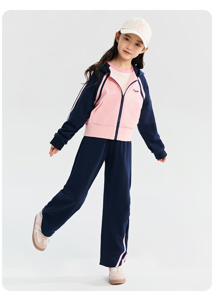 QQ DUCK Children's Clothing Set, Girls' Cardigan Jacket And Pants, Student Sportswear, Line Art Heart Pattern, Navy Blue; Size 165 5