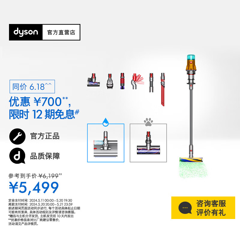 戴森（DYSON）V12n Detect Slim Nautik Absolute吸尘洗地机进阶版（配件升级)干湿两用吸拖合一 除螨地面适用 【黄镍色】