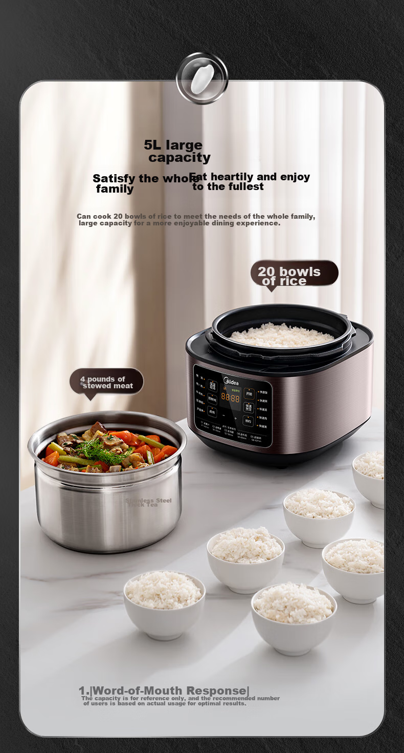 Midea Electric Pressure Cooker, 5L Stainless Steel Inner Pot without Coating, Household High-Pressure Cooker, Multifunctional Smart Lid with Timer, Steam And Boil Separately, Less Salt for Better Flavor, MY-C540G 16