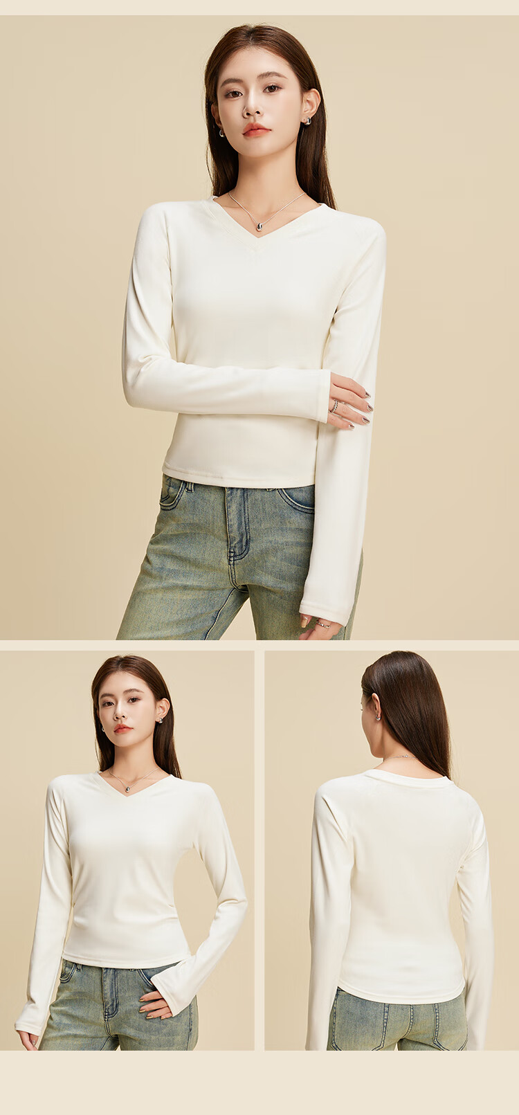 Ordifen Women's Base Layer, Fashionable V-Neck Seamless Inner Wear, Waist-Cinching Slimming Autumn And Winter Soft Brushed Long-Sleeve T-Shirt, White M 4