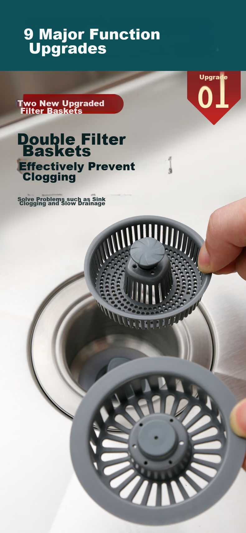 Pollock Kitchen Double Sink Strainer, Vegetable Washing Basin Drain Stopper, Spring-Loaded Filter Core, Stainless Steel Odor Prevention Device SCX-S 5