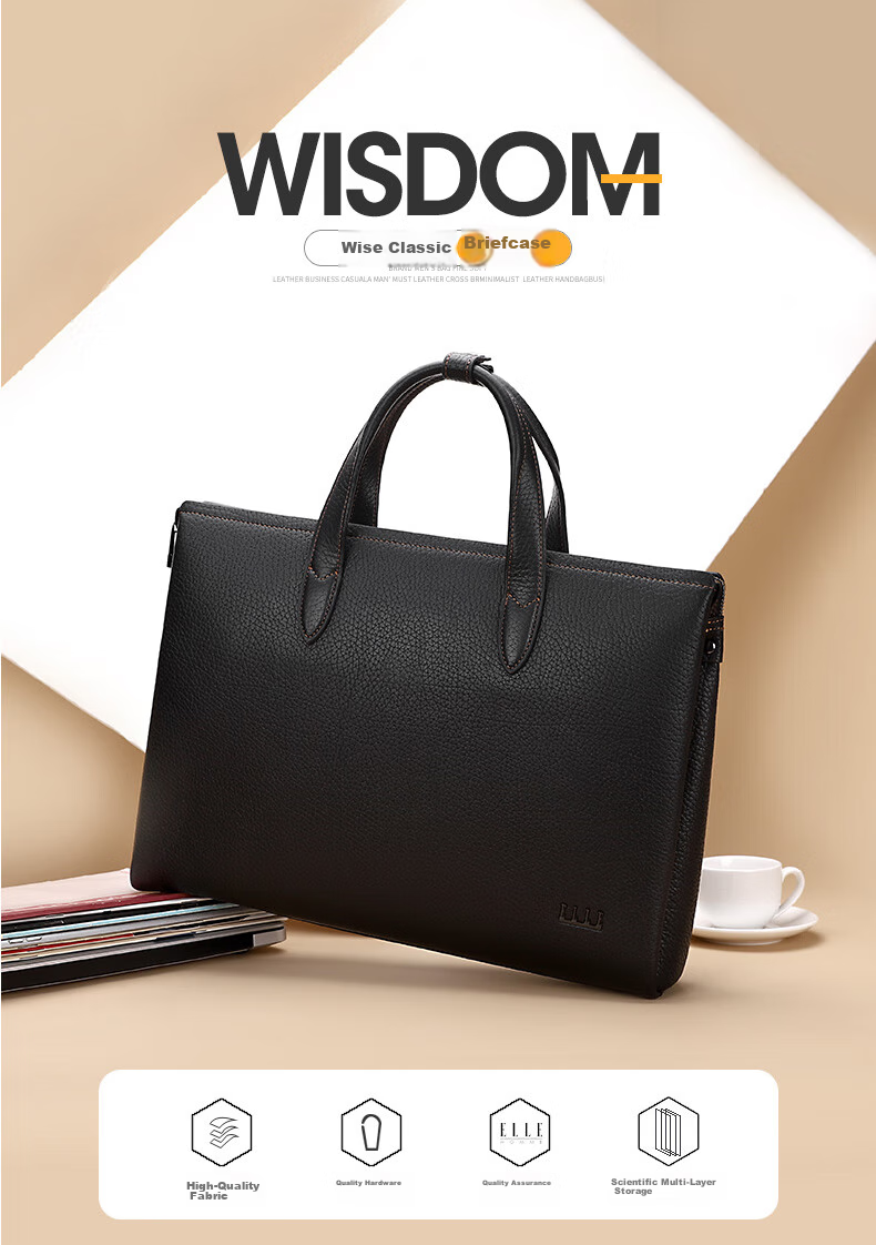 ELLE HOMME Men's Business Briefcase, Luxury Top-Grain Leather Handbag, Large Capacity Laptop Bag for Men EA188215810 Black 1