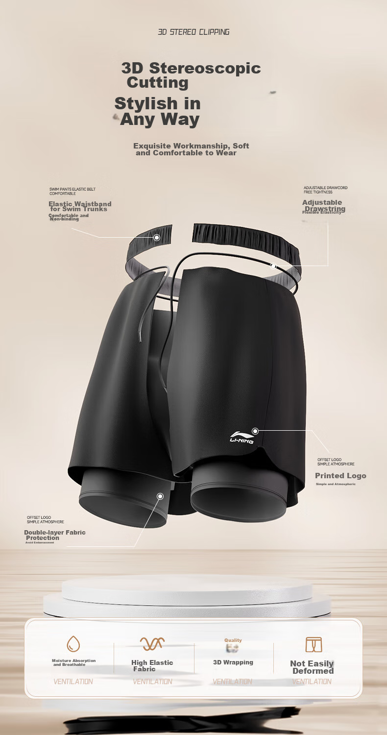 LI-NING Swimming Trunks, Double-Layer Anti-Embarrassment, Knee-Length Swim Shorts, 607/3961 Basic Knee-Length Black, XXXL 2