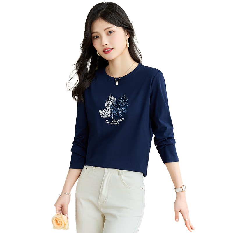 Taxiang Long-Sleeve T-Shirt for Women, Round Neck with Sequin Embroidery, Spring And Autumn Casual Versatile Ladies' Base Shirt T141T2719