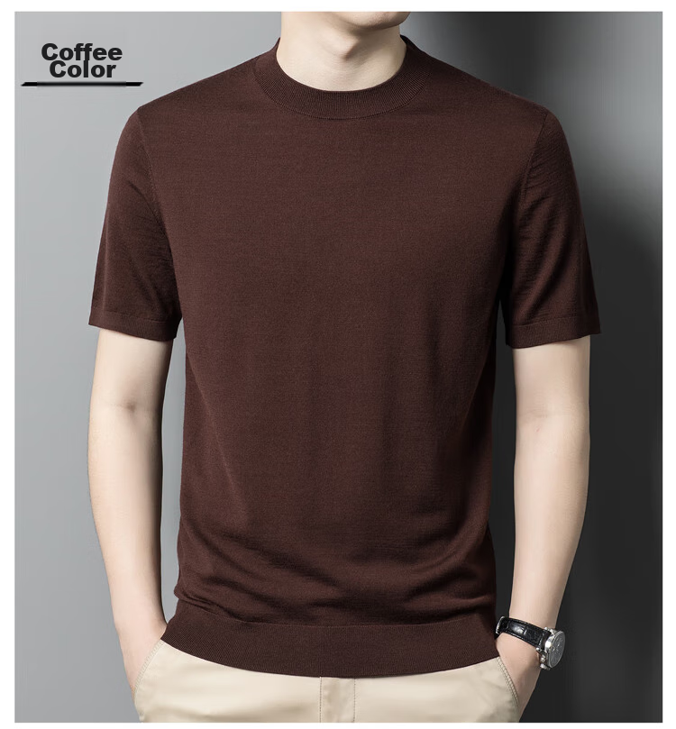 Hengyuanxiang Washable Fine-Spun Wool Sweater for Men, Thin Round Neck Short Sleeve Knitted T-Shirt Pullover, Bright Red, Size 165 14
