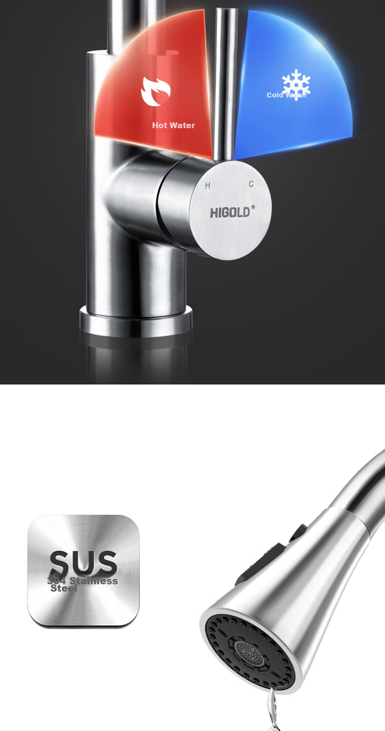 HIGOLD Kitchen Stainless Steel Pull-Out Faucet, Sink Hot And Cold Faucet with Automatic Retraction, Classic Brushed Finish 8