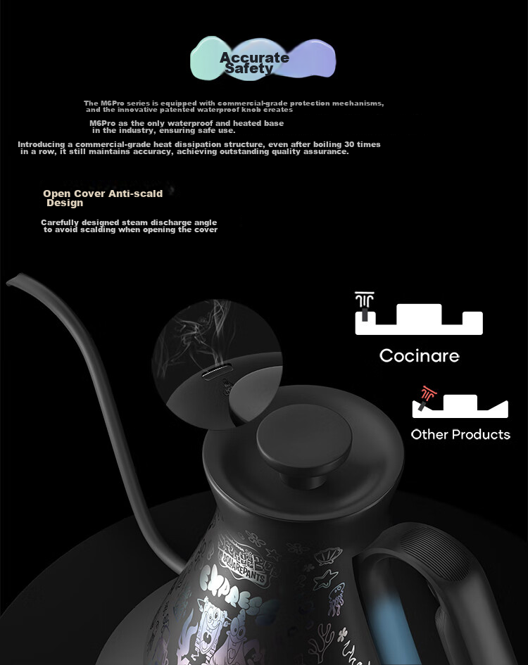 Cocinare, Pour-Over Coffee Maker, Hand-Drip Kettle, C Pot, Temperature-Controlled Kettle, Home Coffee Machine, Electric Kettle, M6Pro, SpongeBob SquarePants, Timely Fun, 0.6L 9