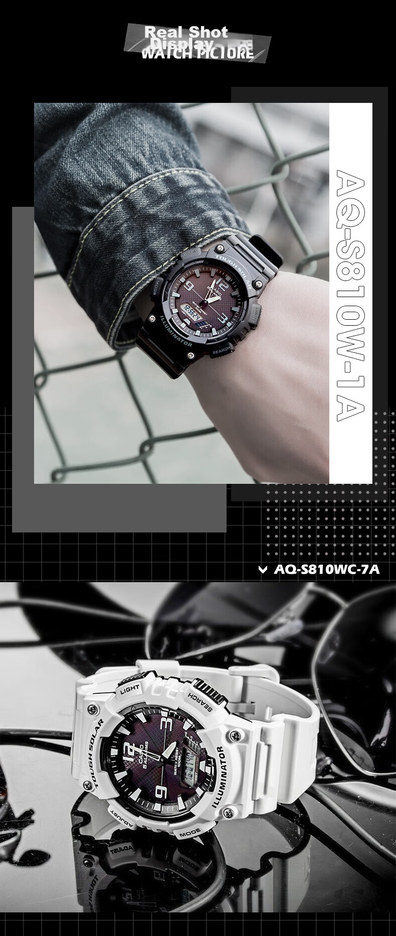 Casio Men's Sports Multifunctional Dual Display Waterproof Solar-Powered Electronic Watch, Student Gift AEQ-110W 6