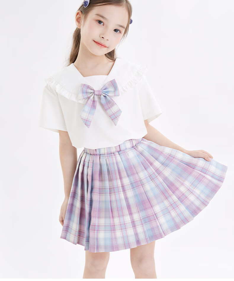 Duomiaowu Girls' JK Set, Children's T-Shirt Summer Outfit, Skirt for Older Kids, Preppy Style Two-Piece Set, Thin, 66325 Pink, Size 160 1