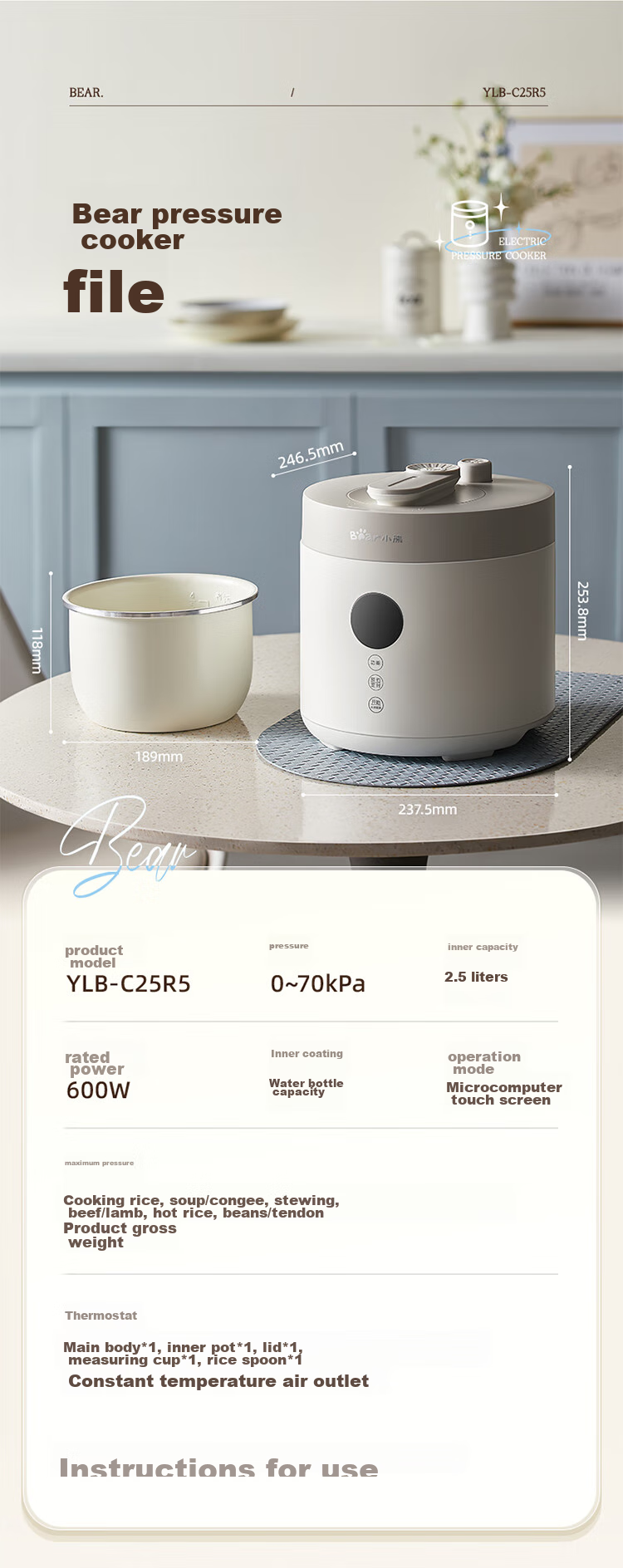 Bear Electric Pressure Cooker for 4-5 People, Large Capacity Dual Inner Pot Multi-Function High Pressure Cooker, Home Smart Soup Stewing Rice Cooker 4L YLB-C40W5 17