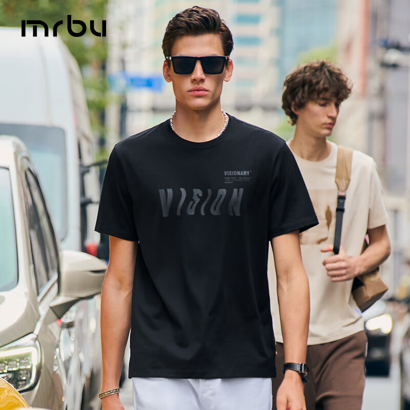 Mr.Bu Cotton 3D Letter Print Short Sleeve T-Shirt for Men, Summer New Style Comfortable Trendy, Graphite Black, L/175