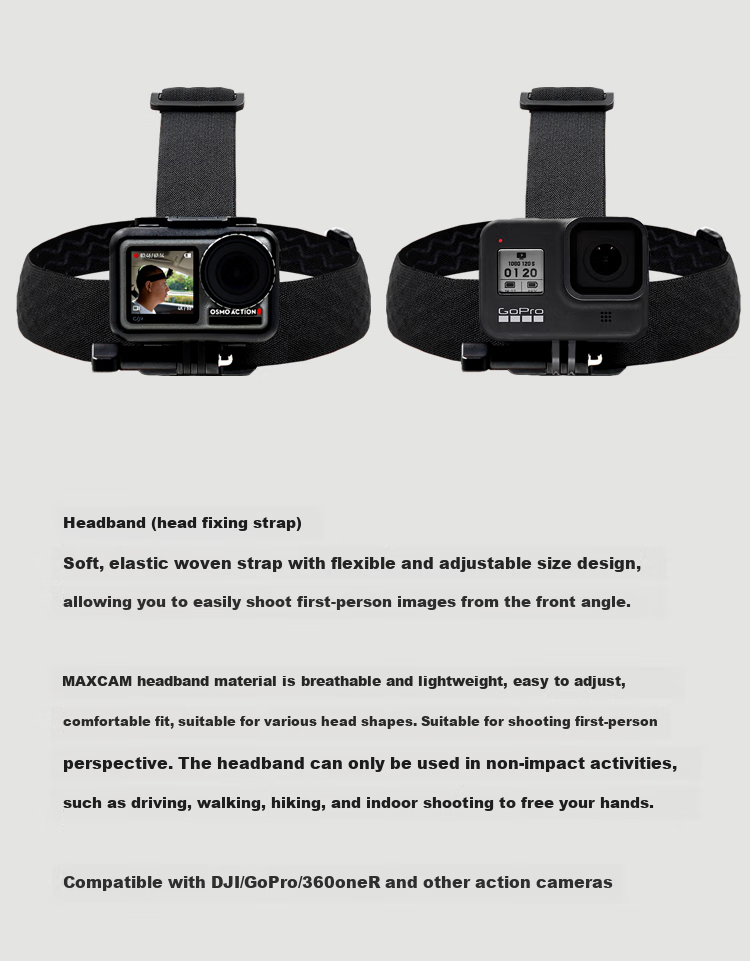 MAXCAM Head Mount Compatible with DJI Osmo Action 4/3/2, Head Strap, Head Mount Bracket, Head Case, Accessories for GoPro 12/11/10/9/8/7 2