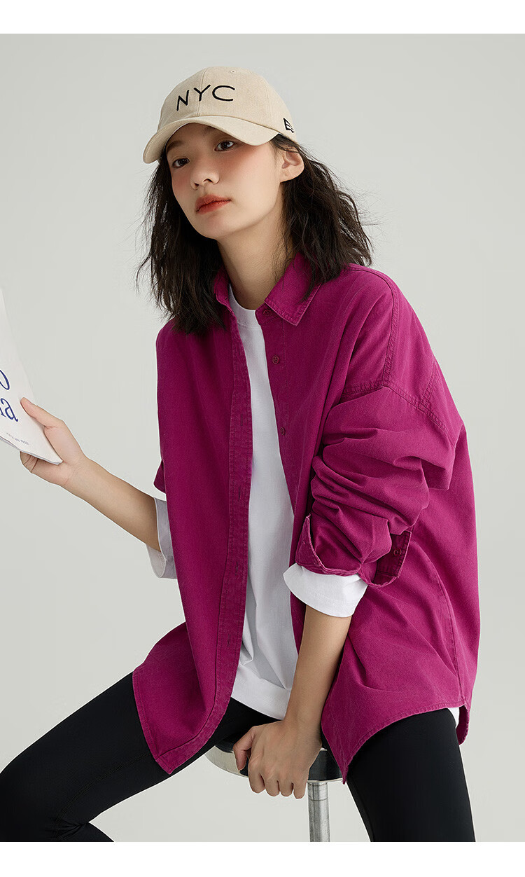 Dme Vintage Washed Spring Elegant Magenta Loose Fit Turndown Collar Long Sleeve Blouse for Women, Purple-Red, Size M 11