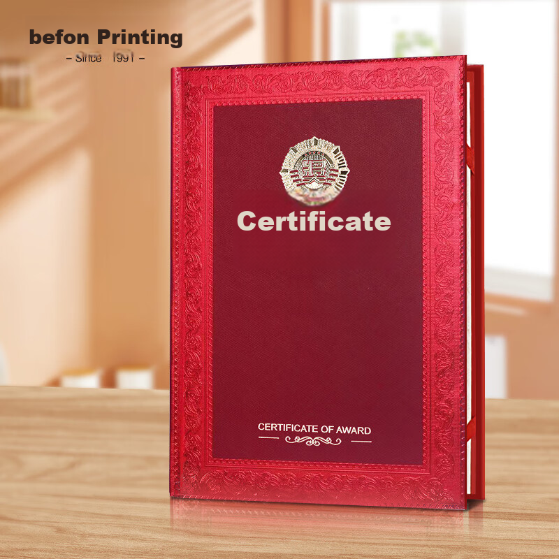 Befon Diploma Certificate Cover, Exquisite Gold-Stamped Honorary Certificate with One Inner Page, Outstanding Employee Student Award Certificate, Office Stationery, 12K Single Book Pack 2624