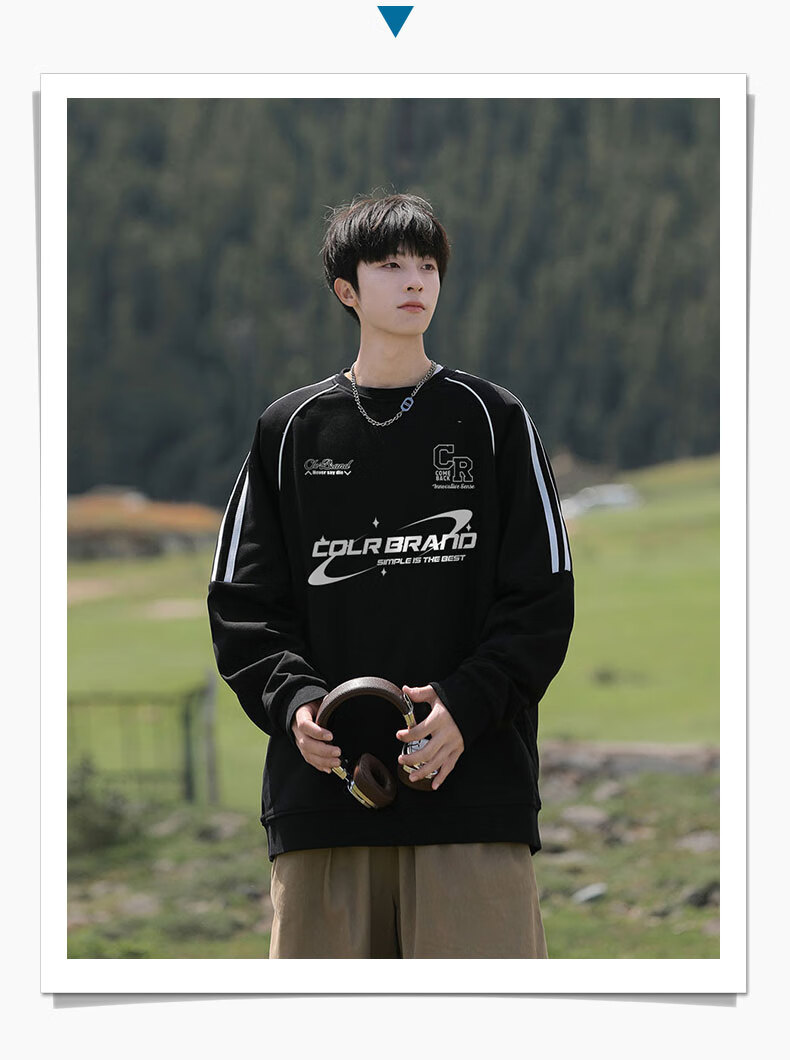 CLOR American-Style Striped Patchwork Sweatshirt for Men, Spring And Summer Style, Trendy Casual Loose Long-Sleeve T-Shirt WYC10 White M 3