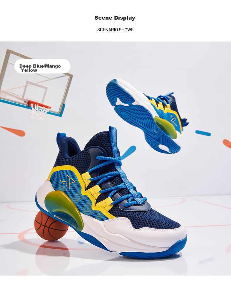 XTEP Children's Unisex Shock-Absorbing Wear-Resistant Basketball Shoes for Young National Champions, Deep Blue/mango Yellow, Size 39 15