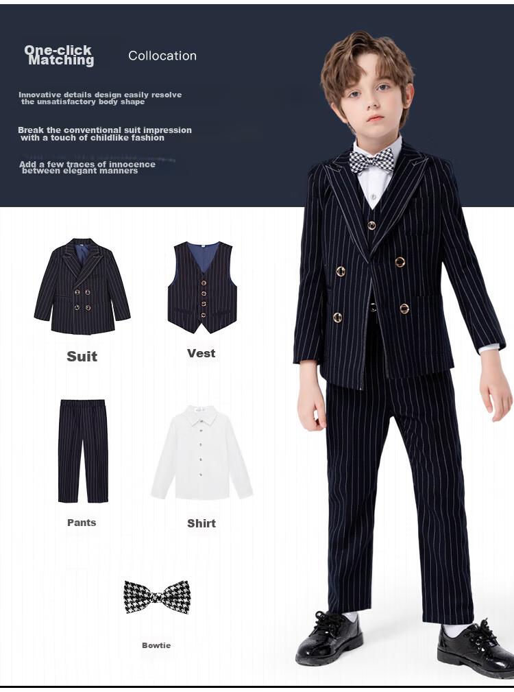 LUOBOBEIBEI Children's Suit, Boys' Striped Blazer Vest Set, Spring Formal Wear for Boys' New Year's Greetings, Navy Blue Five-Piece Set, Size 140 2