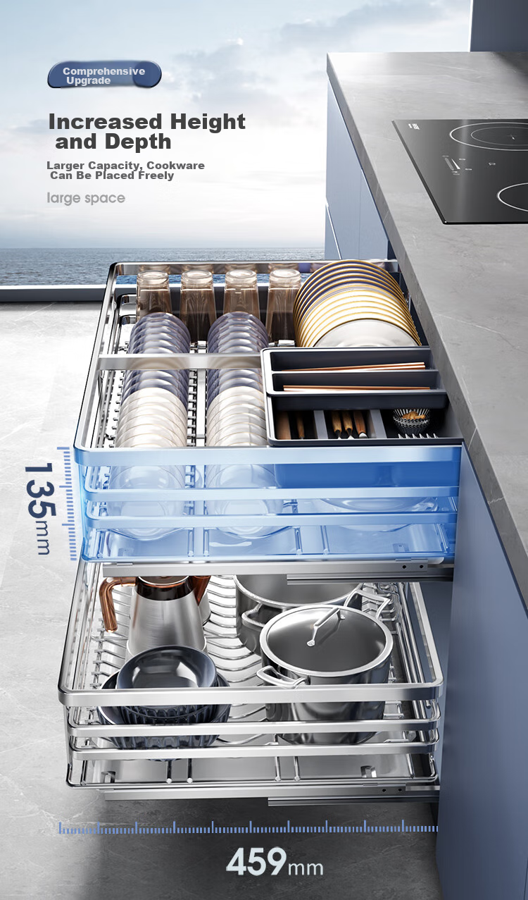 SUPOR Kitchen Pull-Out Basket, 304 Stainless Steel Double-Layer Door Drawer-Style Dish Rack, Bowl Organizer, Thickened Bowl Basket 12