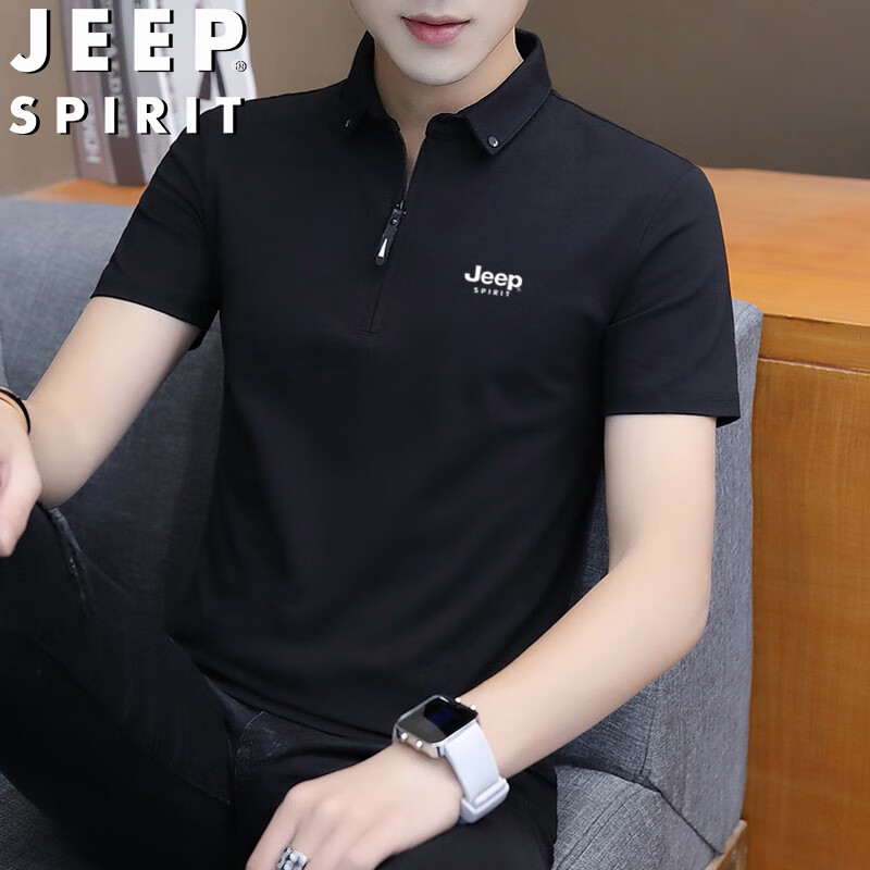 JEEP SPIRIT Men's Short-Sleeve T-Shirt, Summer Polo Shirt, Business Casual Collared Slim Fit, Black, XL