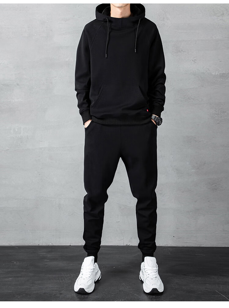 VANCAMEL Hoodie Set for Men, Spring And Autumn Sports Hooded Sweatshirt And Long Pants, Casual Two-Piece Set for Young Men, Black, XL 7