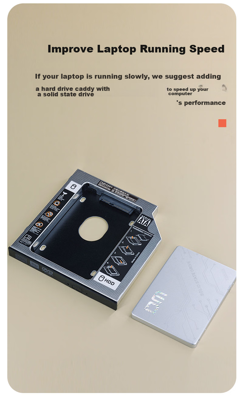 DM Laptop Optical Drive SATA Hard Drive Bracket, 12.7mm Thick, 2.5-Inch SSD Stand, Silver, DW127S 8