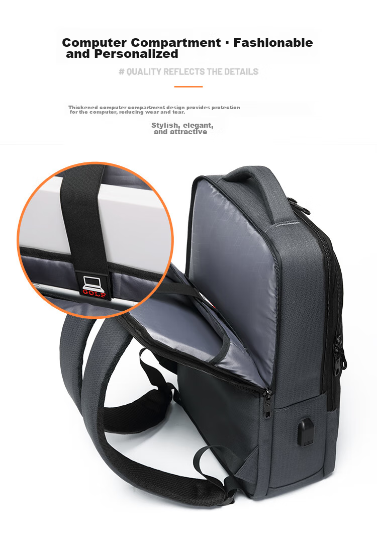 GOLF Backpack for Men, Large Capacity 15.6-Inch Laptop Backpack, USB Interface with Multiple Compartments, Business Casual Travel Bag for Students, Dark Gray with Black 8