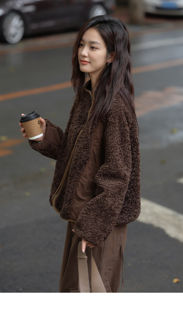 Dme Vintage Plush Jacket Autumn And Winter Style Irregular Arc Zipper Faux Sherpa Coat for Women Coffee Color L 13