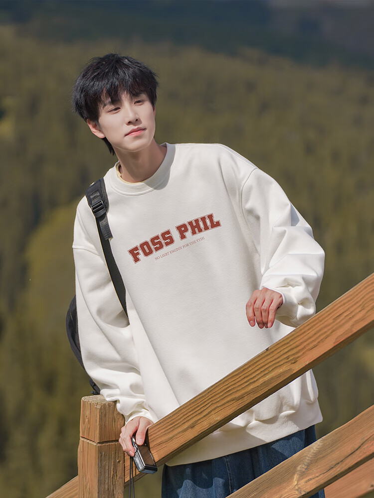 Foss Phil Men's Crew Neck Sweatshirt Autumn Winter Long Sleeve Printed Loose Casual Base Shirt FPW2 White M 14