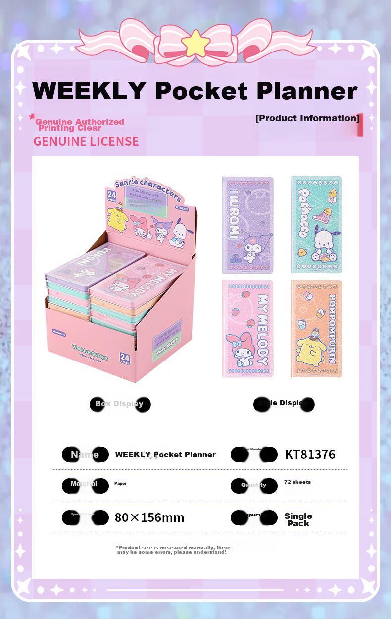 GuangBo X Sanrio Weekly Pocket Planner, Melody Stickers, Student Notebook, Compact And Portable Journal, 80*156mm, 77 Sheets, KT81376 Gift Set 2
