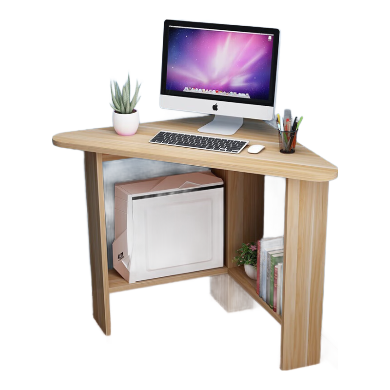 KULIN Computer Desk, Corner Desk with Storage Shelf, Triangular Desk for Small Spaces, Walnut Color