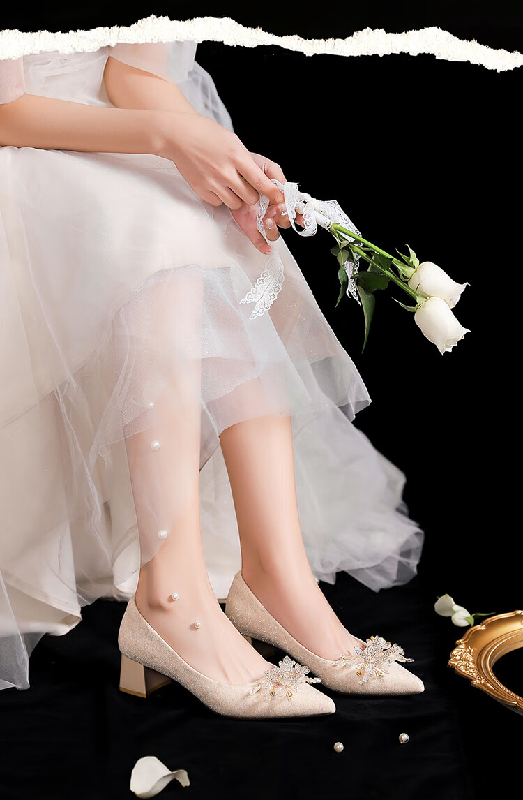 Josiny New Year High Heels, Spring And Autumn Dress Shoes, Pointed Toe Chunky Heel Shallow Mouth Pumps, Elegant Wedding Shoes, Light Gold, Size 38 4