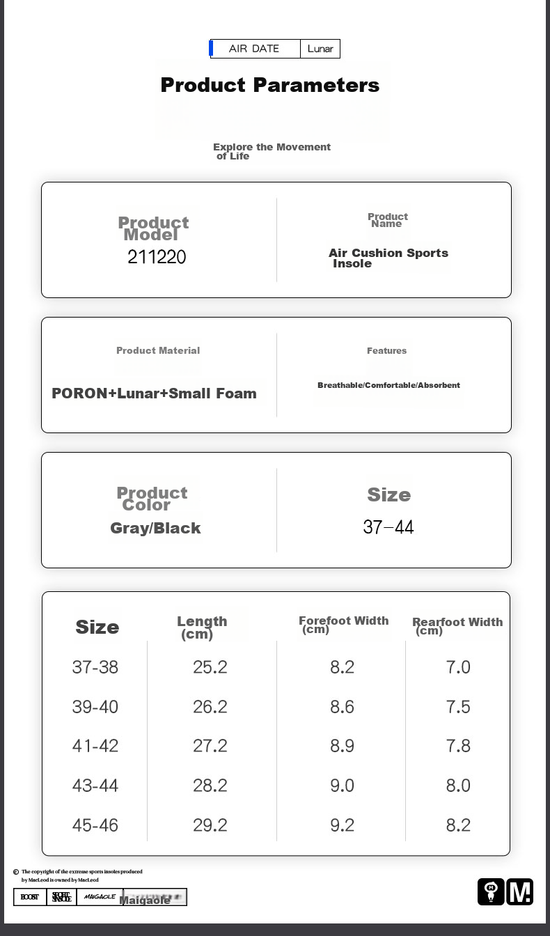 Maigaole Luna Air Cushion ZOOM Player Edition Basketball Shoe Insoles, High-Elasticity Shock-Absorbing, Thickened Sports Air-date 37-38 10
