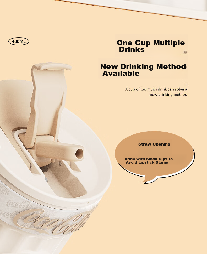 Germ Coca-Cola Dual-Use Insulated Cup with Straw, Water Bottle, Coffee Mug, Large Capacity Student Cup, 400ML, Snow White 4