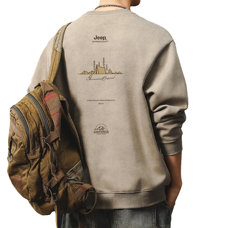 JEEP Men's Sweatshirt, Spring And Autumn American-Style Long-Sleeve T-Shirt, Round Neck Casual Undershirt, Khaki, 3XL