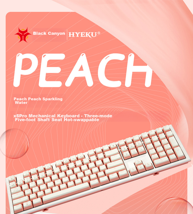Hyeku X5Pro Wireless Bluetooth Wired Tri-Mode Keyboard with 108 Keys, PBT Keycaps, Peach Bubbles Water, Kaixia BOX Rose Red Switches 1