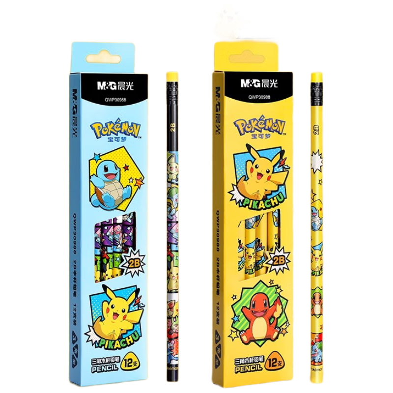 M&G (M&G) Stationery, 2B Pencils, 12 Pieces, Pokemon Triangular Wooden Pencils with Eraser Tip, Random Styles, Student Exam Marking Cards And Drawing Wooden Pencils, QWP30988