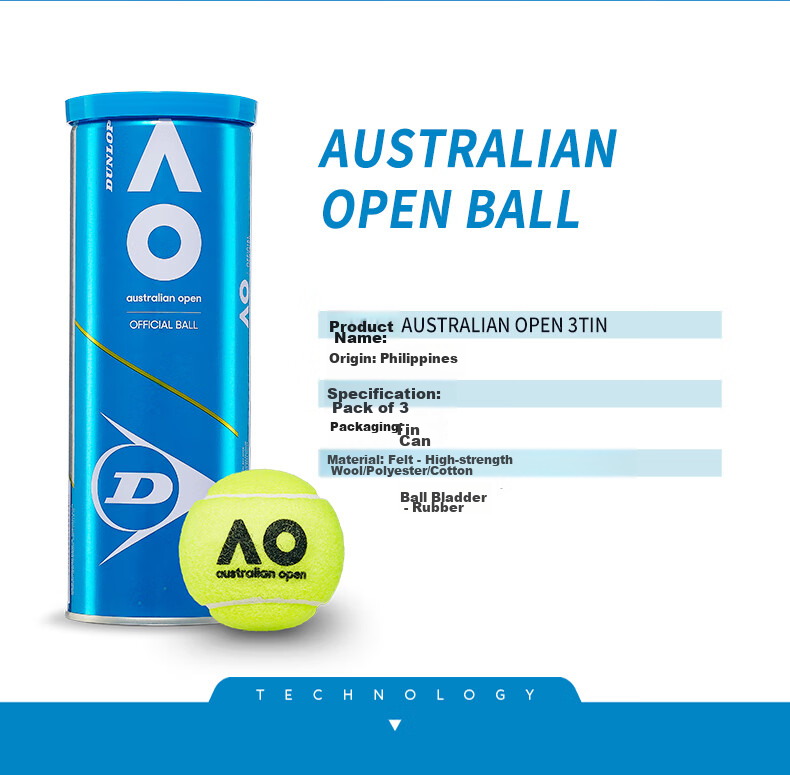 DUNLOP Official Ball for Australian Open AO Tennis Tournament And Training, Rubber Canister, Full Box of 24 Tubes, 601601 5