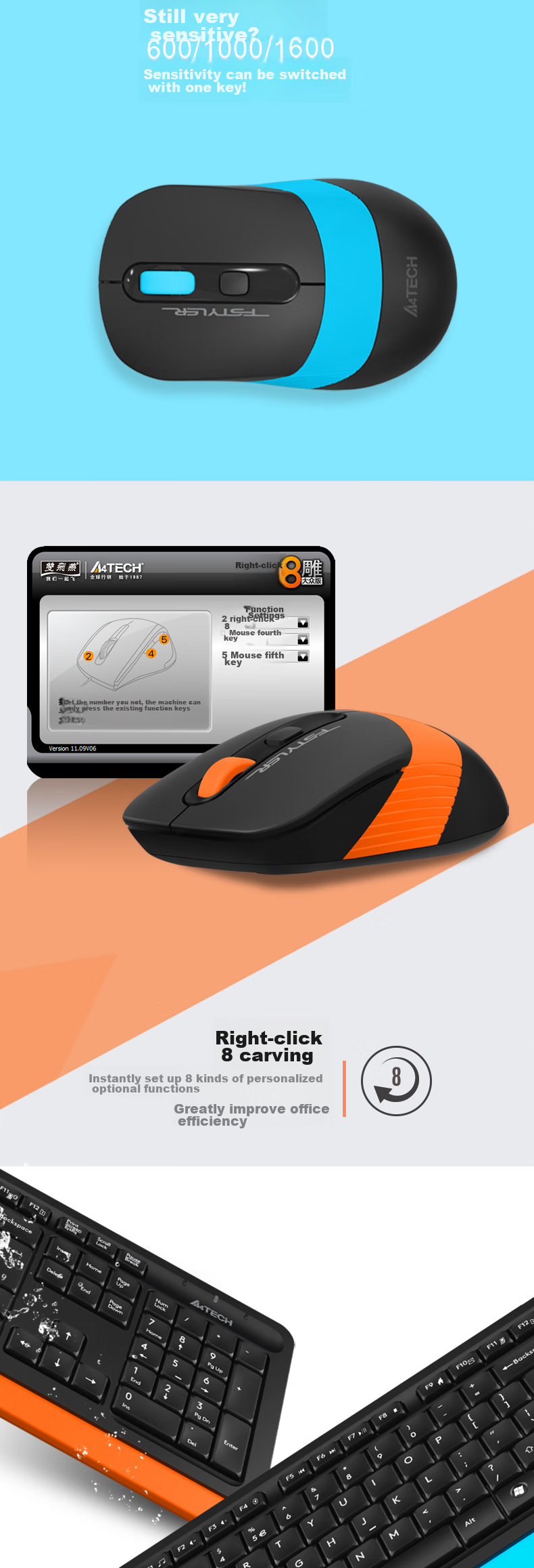 A4TECH FG1010, 104-Key Wireless Keyboard And Mouse Set, Wireless Keyboard And Mouse Combo, Thin Film Keyboard for Office Use, Fei Shidai, Su Kong Hai, Wireless 5