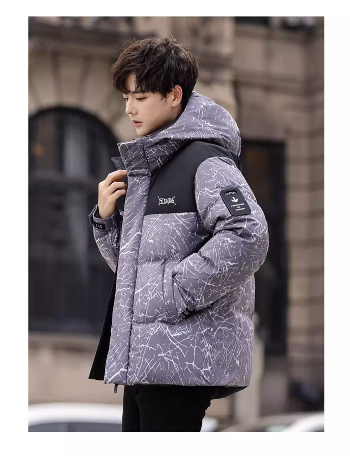 YAYA Wang Yibo Same Style down Jacket, Men's Short Hooded Coat, 2025 Winter New Year Patchwork Color-Block Duck Down Outerwear 17
