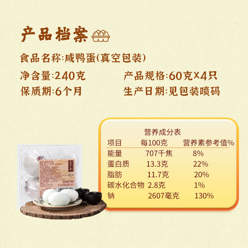 五芳斋咸鸭蛋 4只装240g 咸鸭蛋流油 早餐搭档开袋即食 独立真空包装
