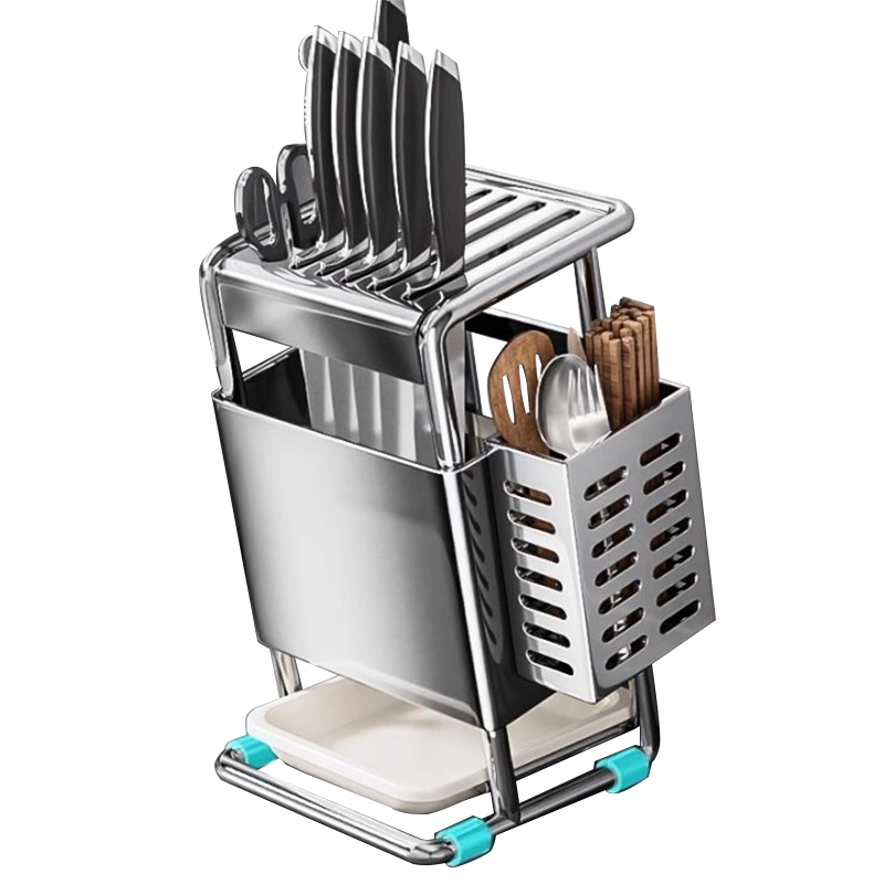 Jibaiju Kitchen Knife Holder Storage Rack Chopstick Cage, Home Countertop Cutting Board Organizer, Multi-Functional Utensil Storage Rack with Water Tray