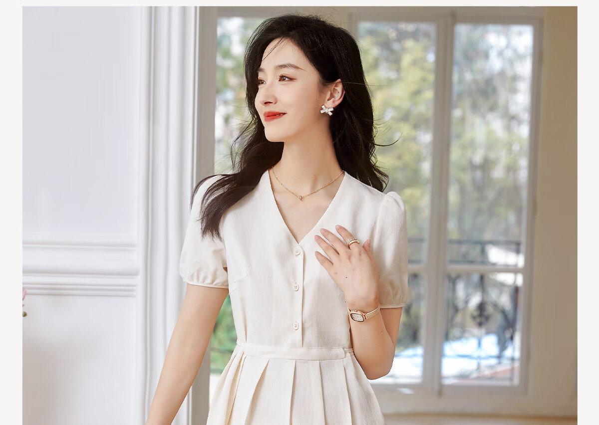 Chushen Summer Short-Sleeve Dress for Women, Fashionable Design V-Neck Waist-Cinching Slimming French-Style Dress S141Q1214 2