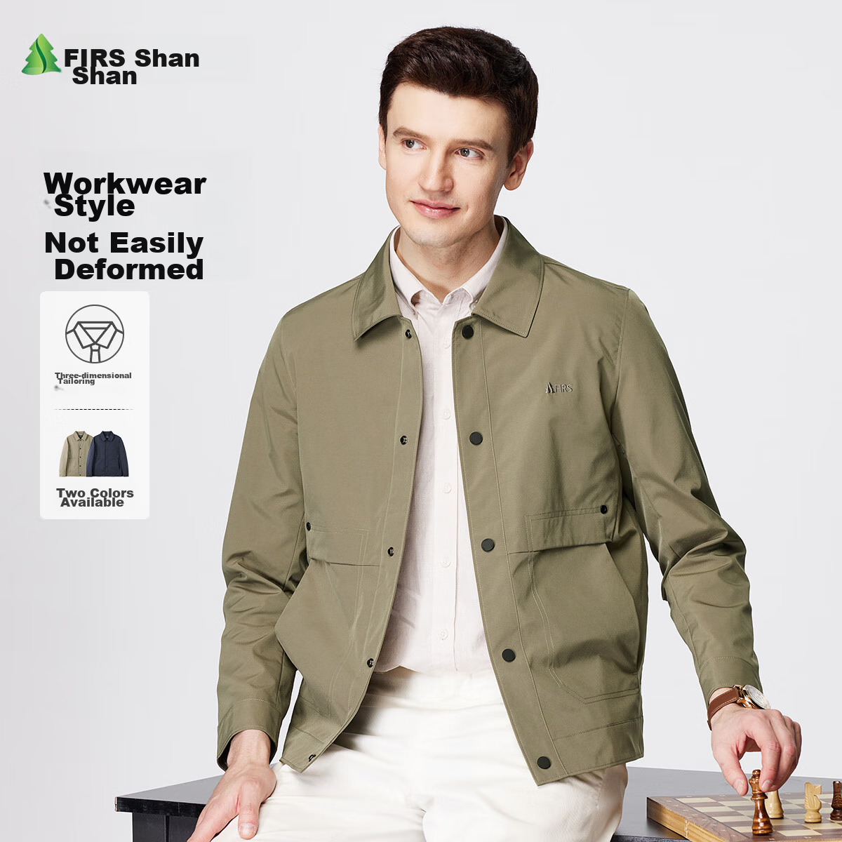 FIRS Lapel Collar Lightweight Jacket for Men, Crisp And Wrinkle-Resistant, Smooth Business Casual Cardigan with Embroidery, Workwear Coat for Men's Clothing