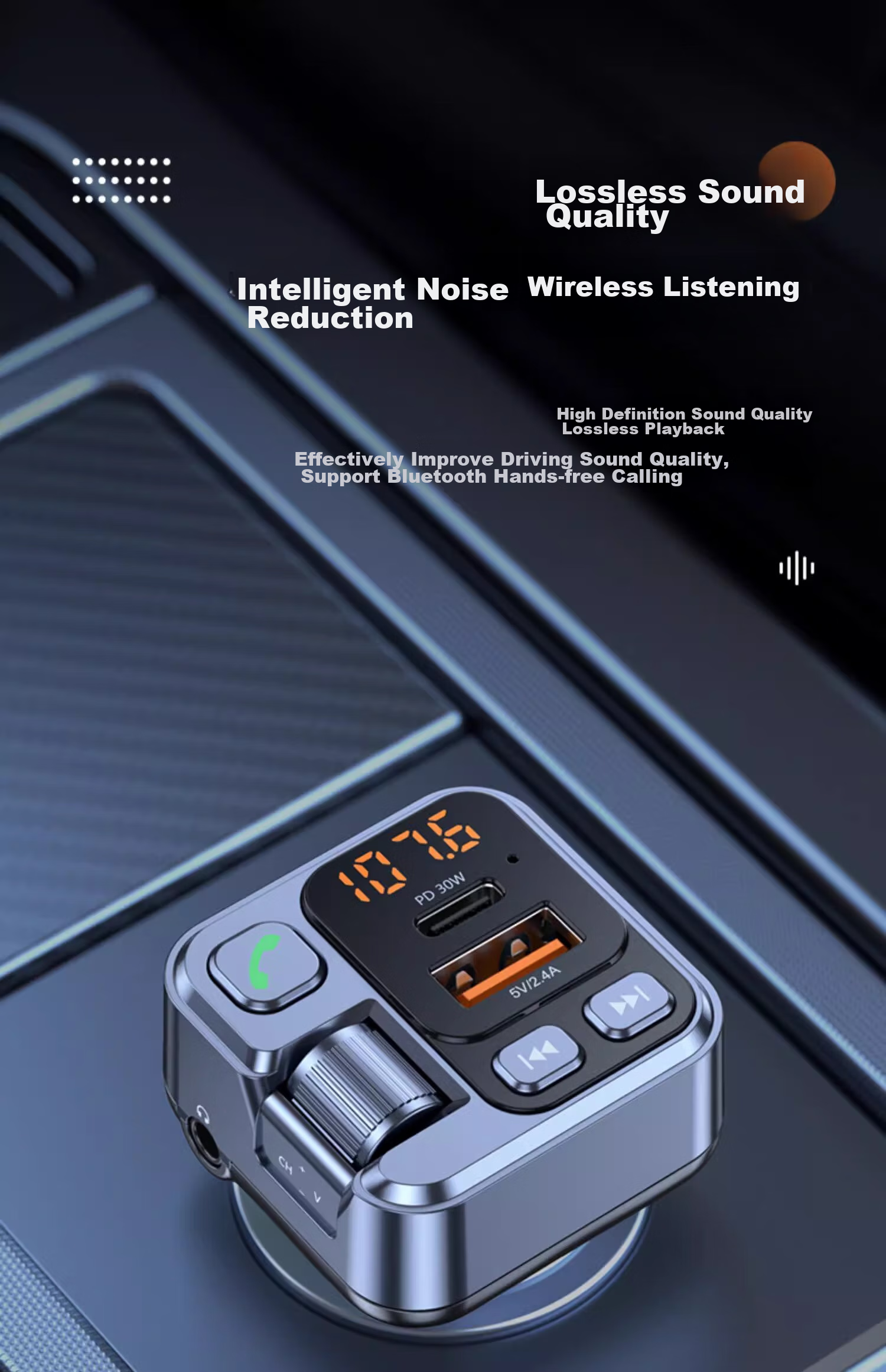 Beiteng Car MP3 FM Transmitter PD30W Fast Charging 2.4A, Bluetooth Hands-Free AUX Play, Car Charger T16 + Data Cable 2
