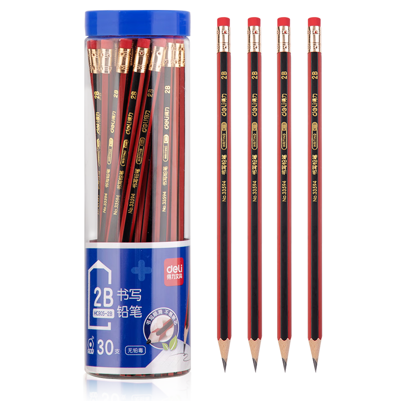 Deli 30 Pcs 2B Writing Pencils, Red And Black Striped with Eraser Tip (30 Pcs/tube), Student Writing Sketching Drawing Pencils HC905-2B School Supplies for Students