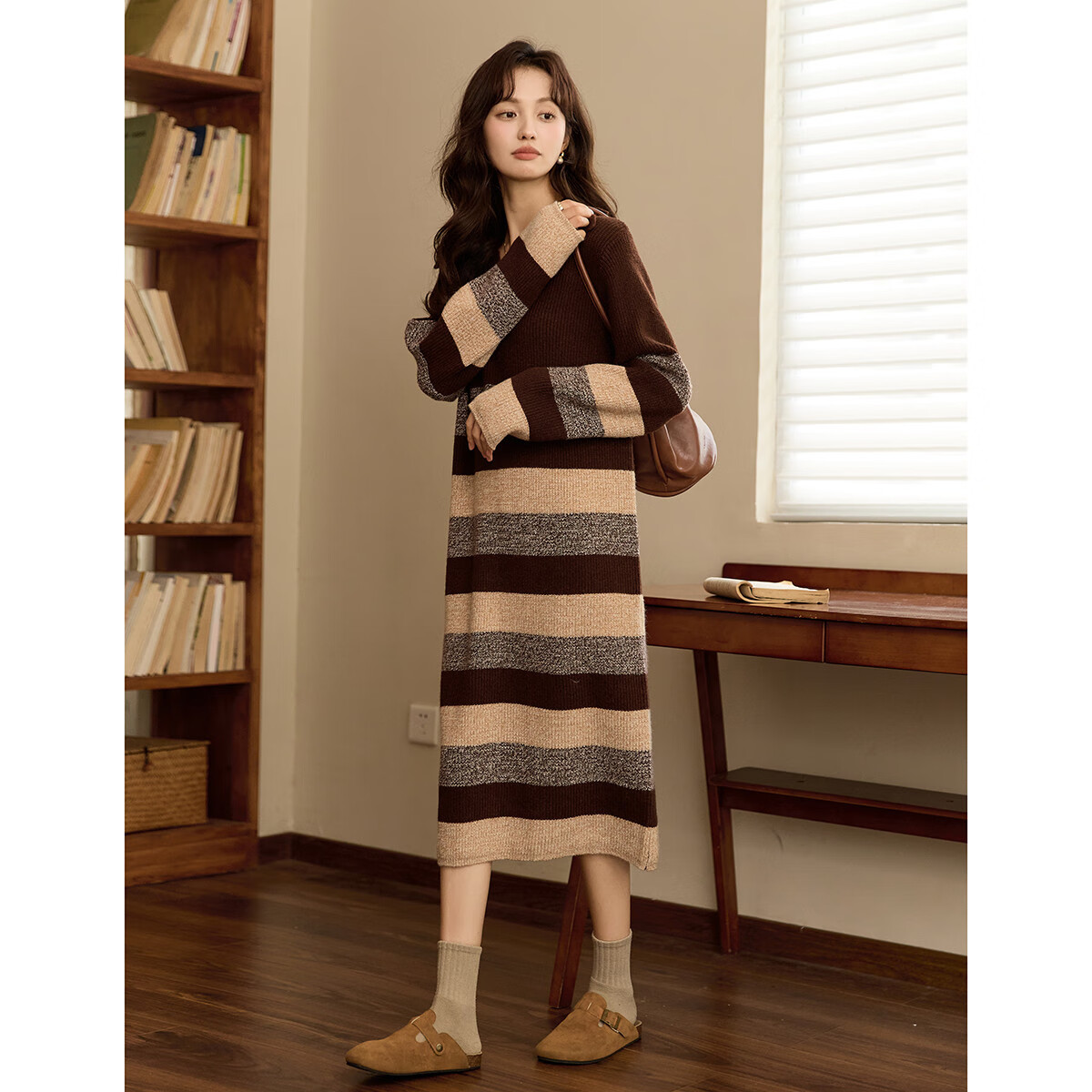 Dme Meilad Style Autumn And Winter Knitted Striped Straight Dress, Gentle And Sweet, Slimming And Youthful Women's Dress, Dark Coffee, L