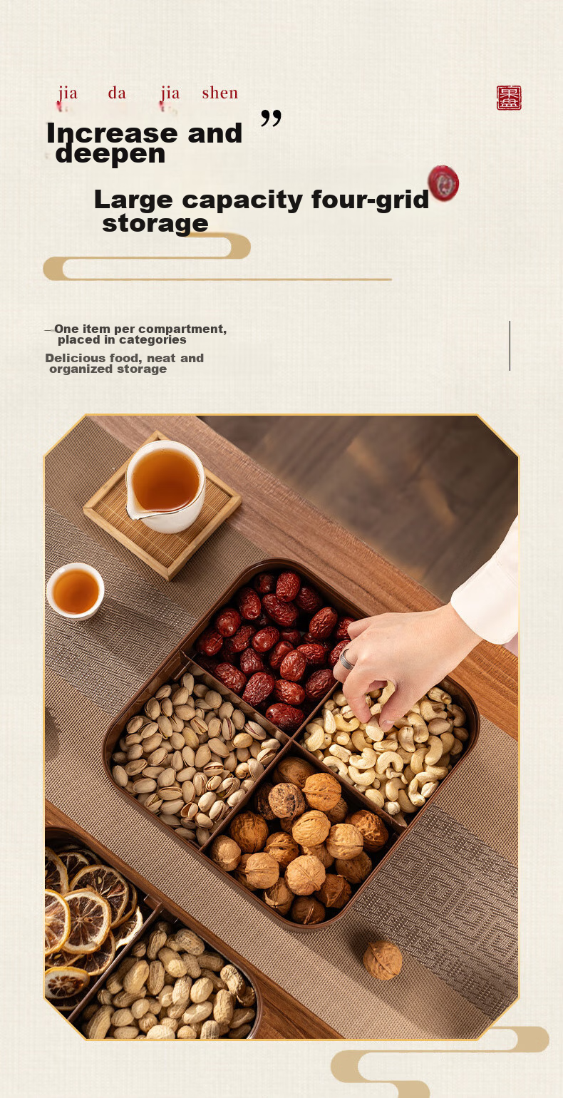 CAIZHI Dried Fruit Plate, Fruit Bowl, Living Room High-End Wood-Like Nut Snack Box, Candy Storage Container, 4-Compartment Fruit Plate CZ6867 10